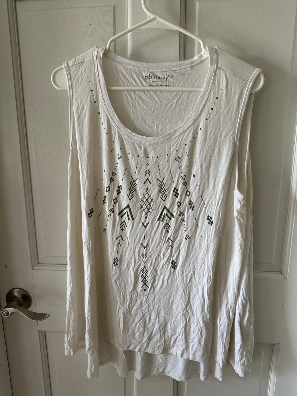 Philosophy White Tank Top with Green Geometric Print